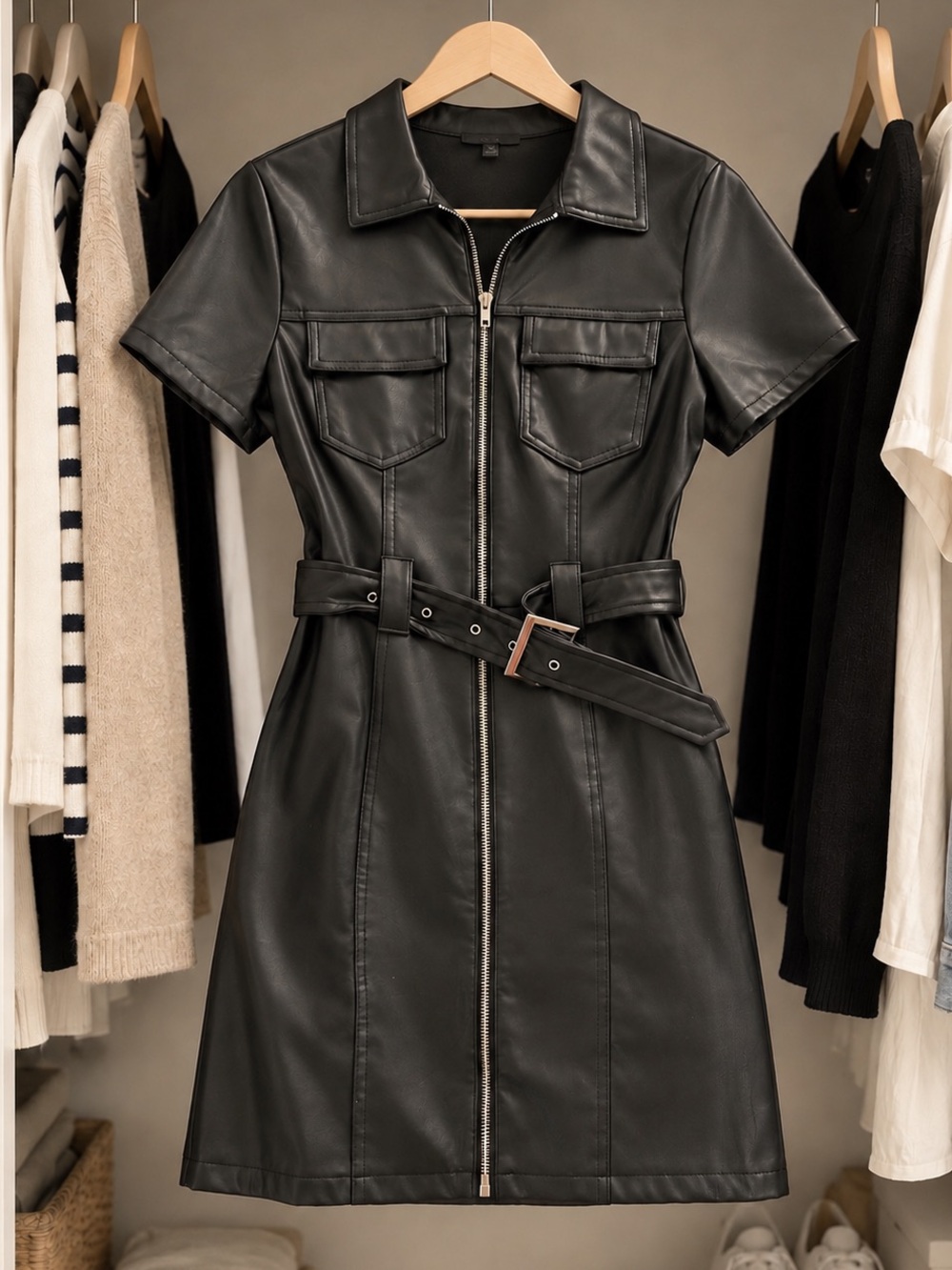 Black Faux Leather Dress with Belt